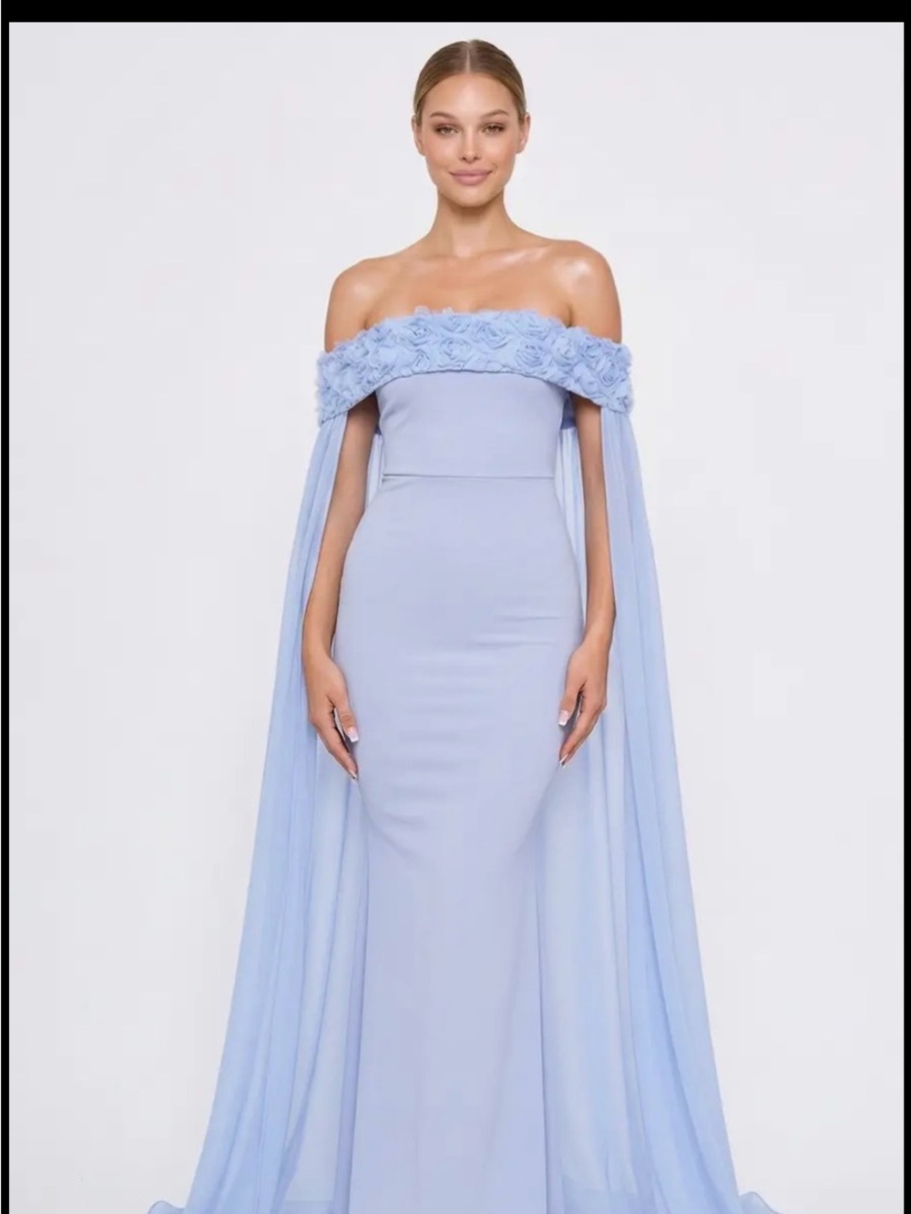 Off-Shoulder Light Blue Dress with Floral Trim